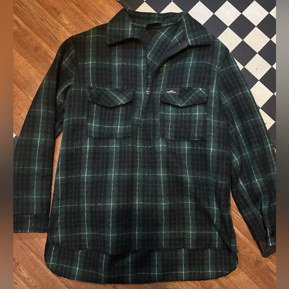 Egmont New Zealand 100% Wool Showerproofed Plaid 1/4 Zip Bush Shirt Jacket Sz L